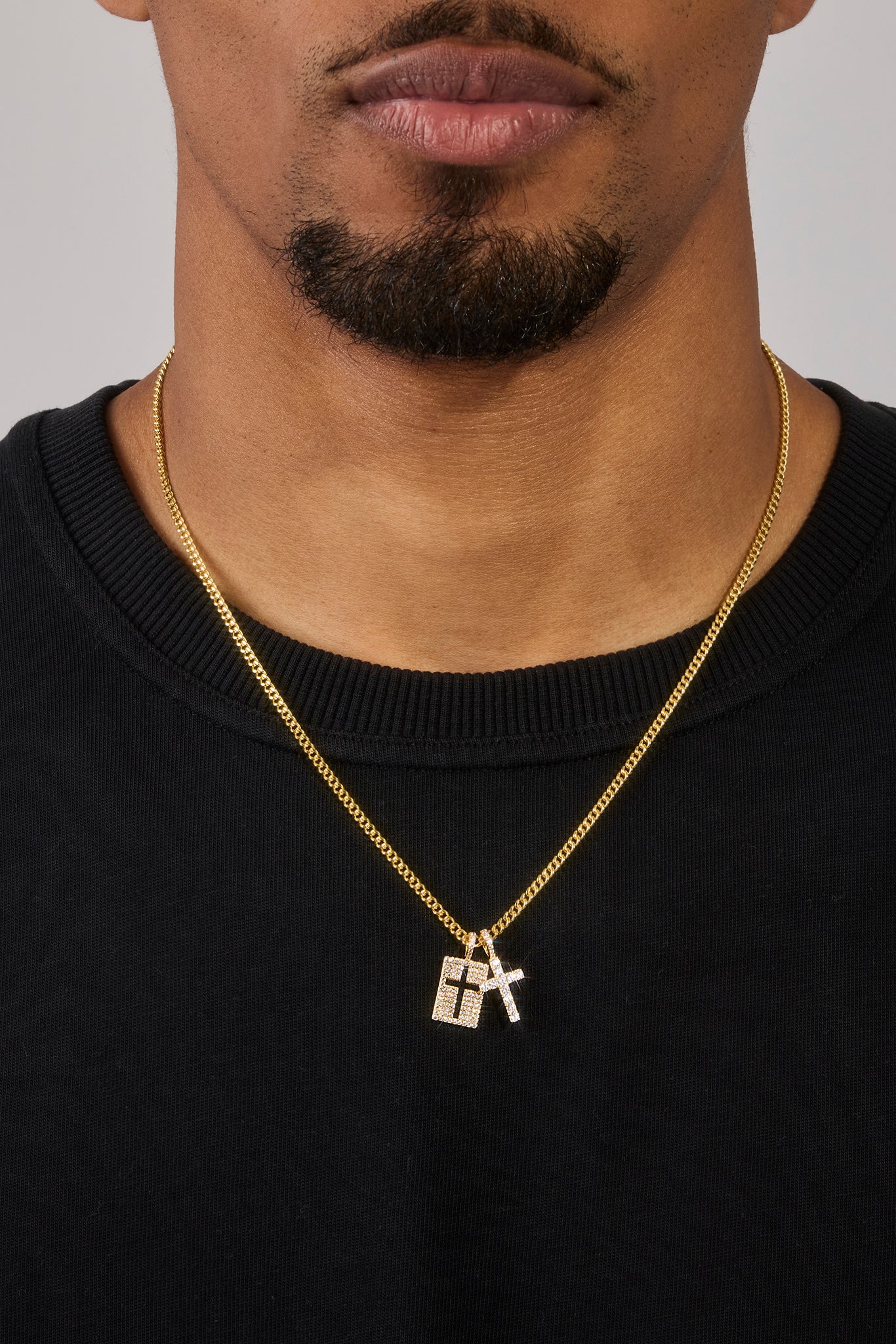 Iced Double Cross & Outline Necklace - 15mm - Gold